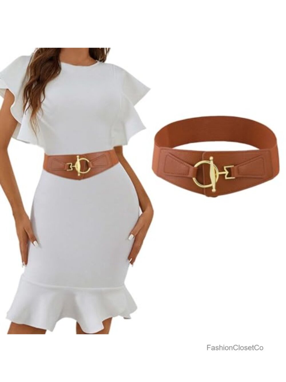 Women's Stretchy Wide Elastic Waist Belt with Gold Buckle